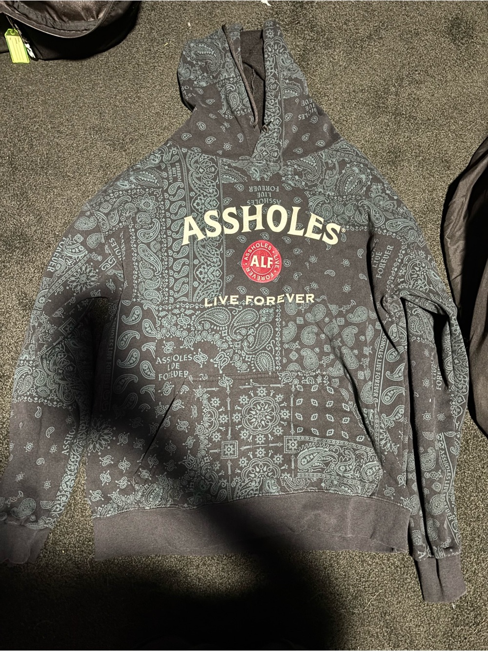 assholes Live Forever Bandana-Print Sweatshirt in Charcoal with Sage Green